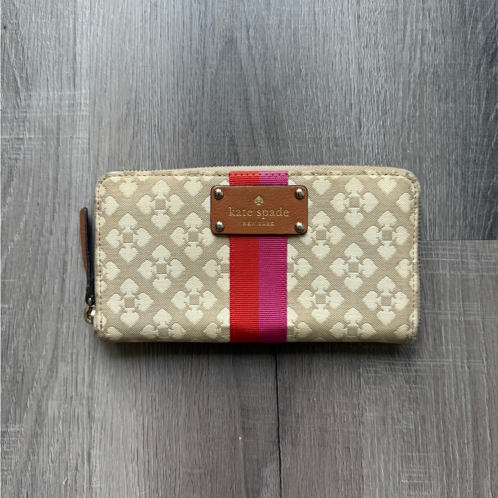 Kate Spade Beige Wallet with Red and Pink Stripe